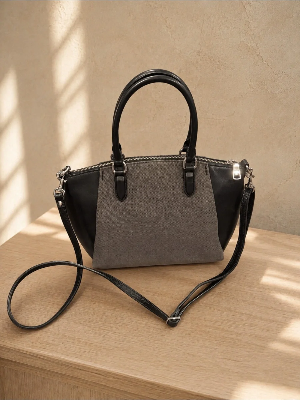 Coach Gray Canvas & Black Leather Shoulder Tote